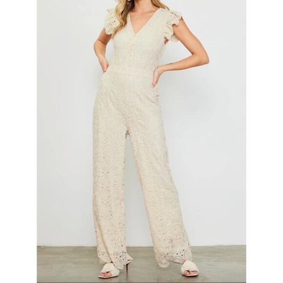 Skies Are Blue Pants - NWT Skies Are Blue Crochet Jumpsuit, Ruffle Sleeve, Ivory, Open Back, Size S